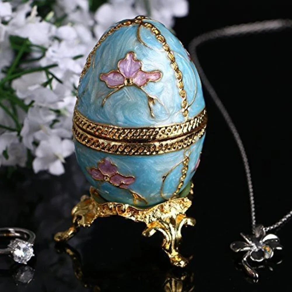Vintage Faberge Style Enameled‎ Trinket Box Blue Pink Floral Gold Tone Egg Decor